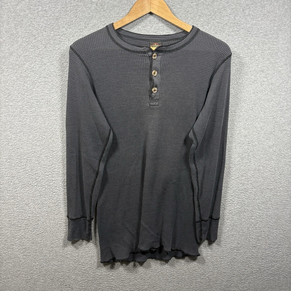 ⁠Vtg 90s Greatland Thermal Henley Shirt Mens M Charcoal Waffle Knit Made in USA